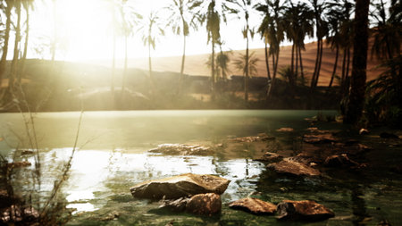 Warm sunlight filters through tall palm trees, casting reflections on a serene oasis. The vibrant landscape showcases natures beauty in a peaceful desert setting during golden hour.の写真素材