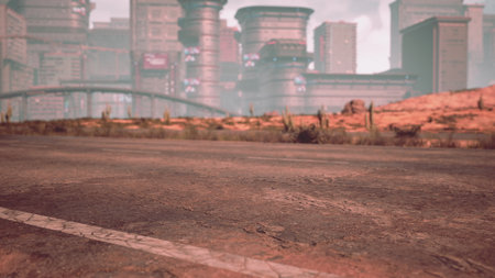 A vast desert stretches across the foreground, revealing cracked earth and tire marks. In the background, a towering city of sleek buildings rises under a hazy sky, creating a stark contrast.の写真素材