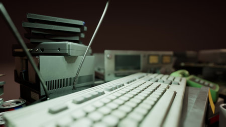 A close up view of a retro computer workstation filled with various old technology items. The scene captures a keyboard, monitors, and other equipment, evoking memories of early computing.の写真素材
