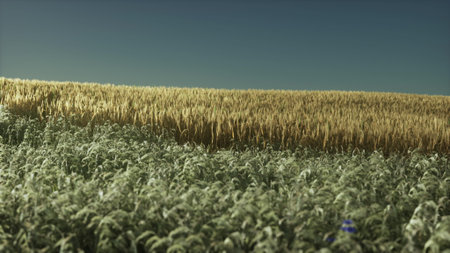 Waves of golden wheat stretch across the landscape, contrasting with patches of green grass. The clear sky above offers a tranquil backdrop to this serene rural scene.の写真素材