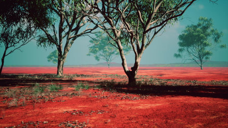 Beneath a bright blue sky, rich red earth stretches far and wide, dotted with green trees. The landscape feels tranquil, inviting viewers to explore its natural beauty and unique colors.の写真素材