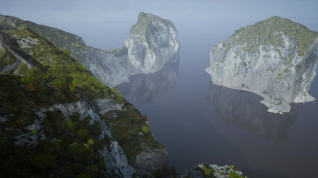 Majestic cliffs stand tall over calm waters, surrounded by lush greenery and fog. The peaceful scene captures the beauty of nature at dawn, inviting tranquility and reflection.の写真素材