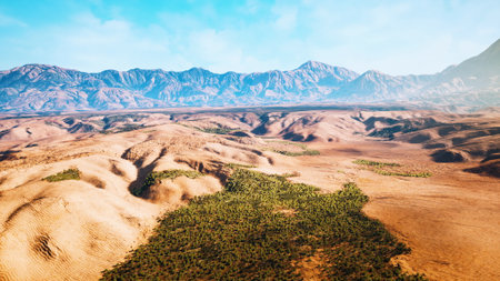 A vast desert stretches across the horizon, with rolling sand dunes and patches of lush greenery. Majestic mountains rise in the background, brightened by a clear blue sky.の写真素材
