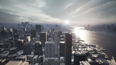 Tall buildings rise against a cloudy sky as the sun sets, casting reflections on the water. The cityscape exudes a quiet, serene beauty at twilight, creating a magical atmosphere.の写真素材