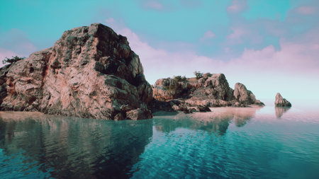 Rocky cliffs rise majestically above calm turquoise waters, reflecting the vibrant sky. The peaceful atmosphere invites relaxation and exploration, perfect for a sunset stroll along the shore.の写真素材
