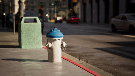 A vibrant blue fire hydrant catches attention on a warm city street. Nearby, a trash can waits patiently, while cars pass by under the golden sunlight of mid afternoon.の写真素材