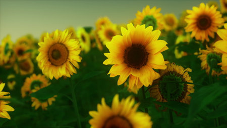 A colorful field filled with blooming sunflowers stretches toward the horizon. The sun shines brightly, illuminating the golden petals, creating a lively and cheerful atmosphere in the landscape.の写真素材