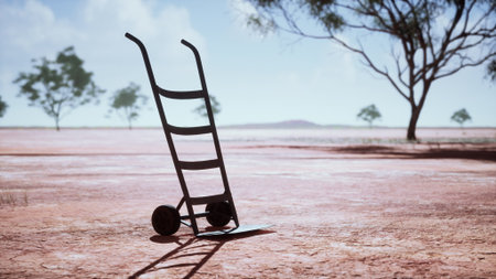 In a vast and dry landscape, a dolly rests on parched earth. Nearby, sparse trees cast gentle shadows in the warm sunlight. The scene evokes a sense of solitude and calmness.の写真素材