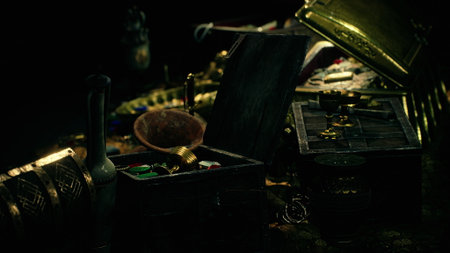 In a softly lit room, ancient wooden boxes and ornate objects lay scattered, hinting at untold...