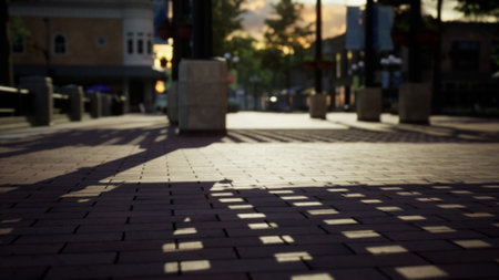 Long shadows stretch across the brick pavement as the sun sets, casting a warm glow over the quiet city street. The scene evokes a serene evening atmosphere.の写真素材