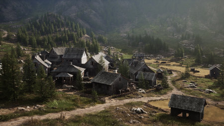 A peaceful village sits nestled among towering mountains, illuminated by warm sunlight. Wooden...