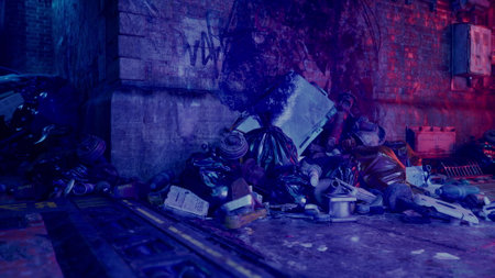 In a dimly lit urban alley, piles of trash are surrounded by graffiti. Neon hues bathe the scene in blue and purple, creating a striking contrast. The ambiance feels gritty yet artistic.の写真素材