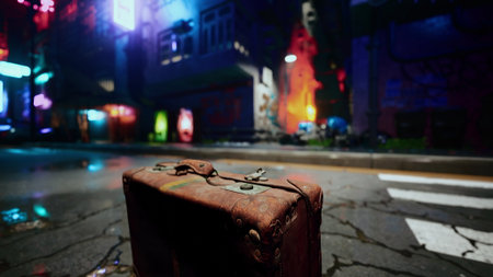 An old suitcase stands alone on a cracked street, surrounded by colorful neon lights reflecting off wet pavement. The urban backdrop is full of life and character, providing a mysterious atmosphere.の写真素材