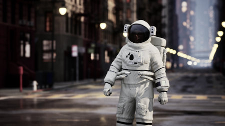 An astronaut stands on a quiet street in a dense urban area, surrounded by tall buildings and...