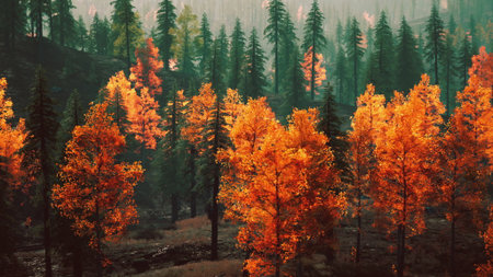 Tall trees create a stunning contrast with their fiery orange leaves against deep green pines. The...