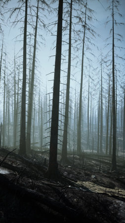 In a haunting landscape, tall, charred trees stand in silence after a wildfire. Early morning fog...