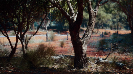 Sunlight filters through lush trees, creating patterns on the forest floor. Shades of green and brown blend with soft light, inviting peaceful exploration and reflection in this tranquil scene.の写真素材