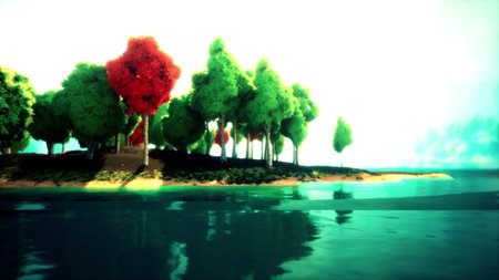A tranquil scene showcases vibrant trees reflecting in calm waters under a bright sky. The colorful foliage adds life to the peaceful shore of an isolated island.の写真素材