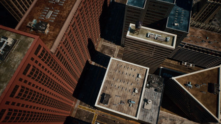 Dramatic view of a citys rooftops, showcasing unique architectural designs. Streets below are lined...