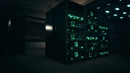 In a dimly lit server room, rows of dark cabinets emit a soft green glow from their lights. This setup emphasizes the complex technology at work, pulsing quietly with energy.の写真素材