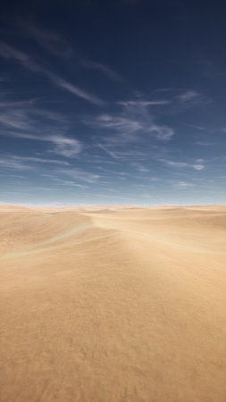 Golden sand dunes roll across the horizon under a bright blue sky. The sun shines intensely, casting soft shadows on the undulating terrain. A serene, isolated atmosphere prevails.の写真素材