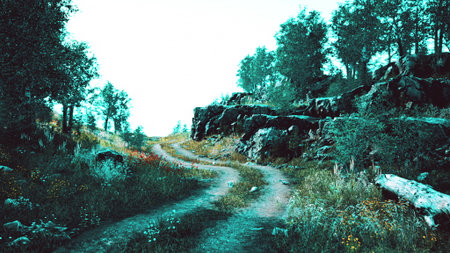 A gentle winding path leads through lush green foliage, rocky terrain, and vibrant wildflowers,...