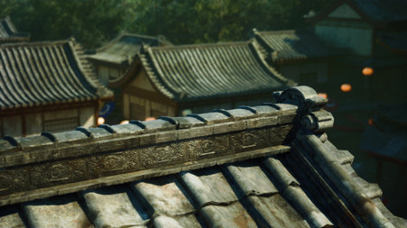 Rooftops of a historic village are illuminated by lanterns as evening falls. The intricate designs...