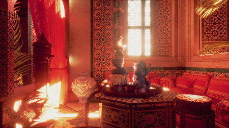 A warm and inviting space showcases intricate patterns on walls and traditional decor. Soft sunlight...