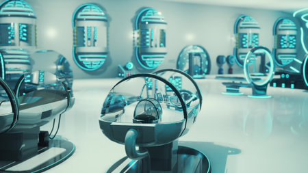 A high tech environment showcases advanced equipment and sleek pods. The space is illuminated by...
