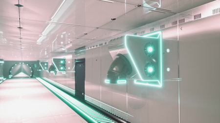 A long, bright corridor features sleek walls illuminated with neon lights. The futuristic setting...