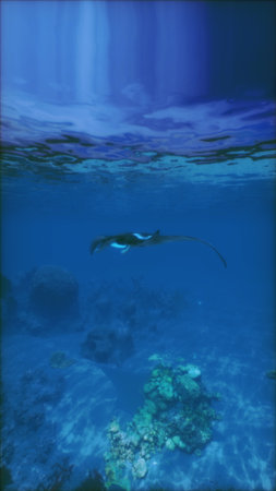 A manta ray swims gracefully in vibrant blue tropical waters, showcasing its expansive wings....