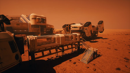 In a striking Martian landscape, advanced habitat modules and vehicles stand on the red soil. The...