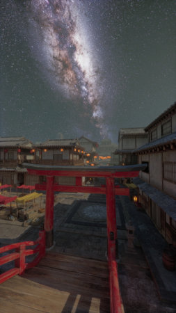 A serene village setting features wooden buildings and lanterns, while the Milky Way glows brightly overhead. Red torii gates stand out, creating a magical scene filled with tranquility.の写真素材