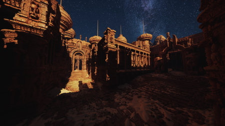 In a serene midnight setting, ancient ruins stand majestic under a blanket of stars.の写真素材