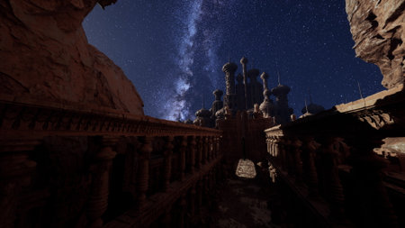 Under a vast night sky, towering ancient buildings rise from rugged terrain. The Milky Way streams above, illuminating the scene with a magical glow that captivates all who behold it.の写真素材