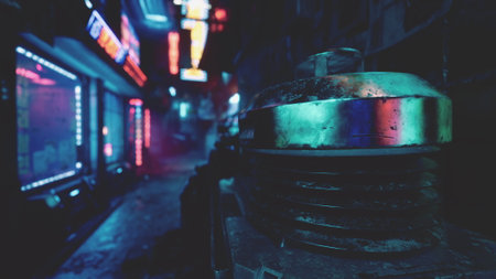 An urban alleyway is transformed by colorful neon lights reflecting on wet surfaces. Shadows dance as a distant glow hints at hidden stories waiting to be uncovered in the night.の写真素材