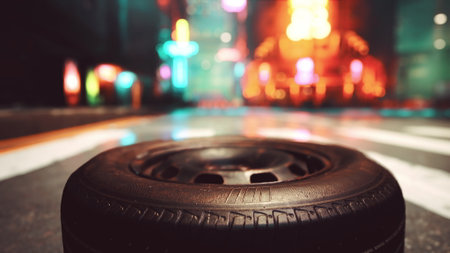 An old tire lies forgotten on a slick city street, reflecting colorful neon lights. The scene...