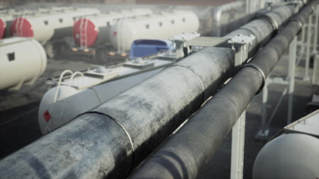 In a busy industrial area, long, sturdy pipelines connect large storage tanks. The scene is...