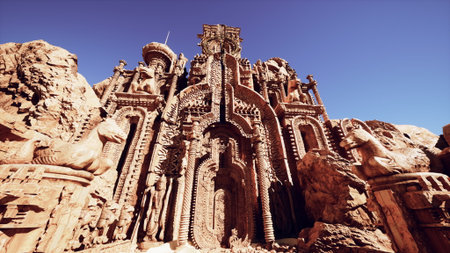 Carved into the rock, this detailed temple showcases intricate designs and statues. The majestic structure stands tall against a backdrop of a cloudless sky, revealing craftsmanship from a bygone era.の写真素材