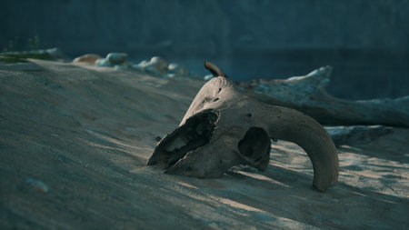 A weathered skull lies on a sandy bank near a serene river. Soft twilight light casts subtle shadows, highlighting the textures of this relic. Nearby, driftwood adds to the tranquil scene.の写真素材