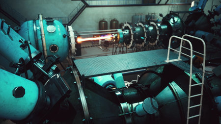 In a dimly lit research facility, engineers work diligently on intricate machinery.