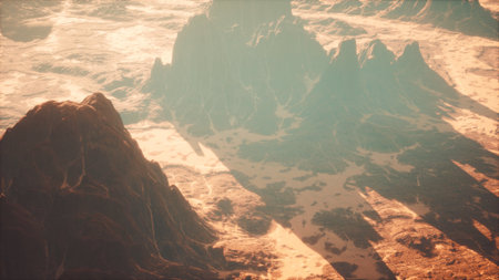 A breathtaking scene captures the intricate details of rugged mountains bathed in warm sunlight...