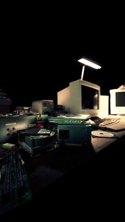 A cluttered desk filled with old computer parts, monitors, and cables creates a nostalgic vibe....