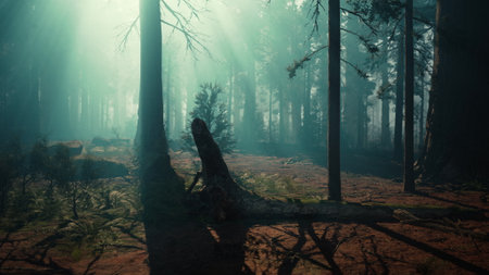 A serene forest scene captures light streaming through tall trees, creating a mystical atmosphere. Shadows stretch across the forest floor, enhancing the natural beauty.の写真素材