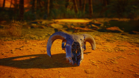 A weathered ram skull lies surrounded by earth tones in a tranquil desert landscape. The warm evening glow highlights the natural textures, creating a peaceful atmosphere.の写真素材