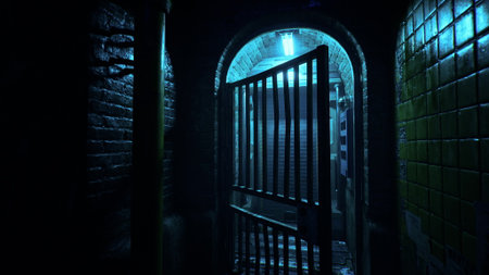 A dark alleyway leads to an intriguing open gate, illuminated by a soft blue light. The brick walls...