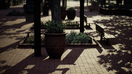 Morning light filters through trees, casting intricate shadows on a peaceful plaza. Planters and benches invite quiet moments amidst the vibrant greenery and brick pathways.の写真素材