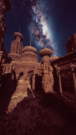 Ancient ruins stand tall against the backdrop of a breathtaking night sky filled with stars. Pillars and stone structures reflect shadows, inviting wonder and adventure beneath the cosmos.の写真素材