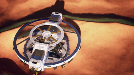A striking habitat design rests elegantly on the red terrain of Mars, featuring sleek structures and advanced technology in a vision of future living on another planet.の写真素材