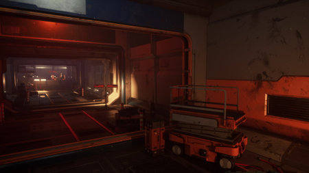 Inside a dimly lit transport area, shining orange lights reveal an industrial space. Machinery and...